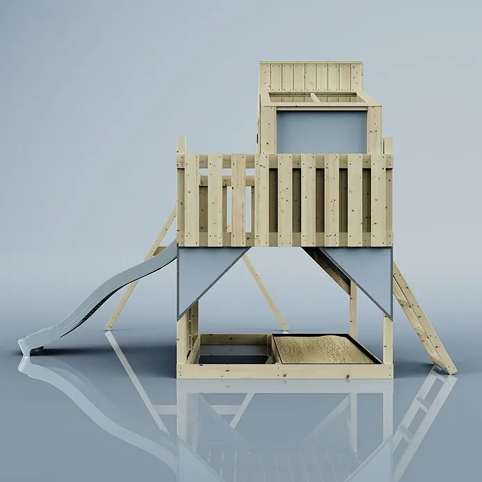 OutdoorToys Klettergerüst Lotta - 308 x 414 x 291 cm, Holz, Blau - Spielturm aus Naturholz mit grauer Rutsche und integriertem Sandkasten.