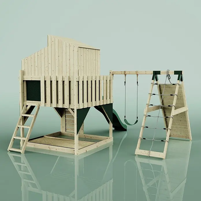 OutdoorToys Klettergerüst Julie - 399 x 414 x 291 cm, Holz, Grün - Hölzerner Spielplatz mit Spielhaus, Sandkasten, Rutsche, Schaukel, Kletternetz und dunkelgrünen Akzenten.