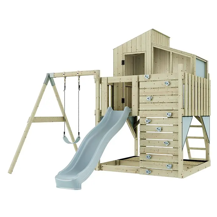 OutdoorToys Klettergerüst Lotta - 308 x 414 x 291 cm, Holz, Blau - Holzspielplatz mit Haus, Rutsche, Kletterwand und zwei Schaukeln. Mit hellem Holz und hellblauen Elementen für aktives Spiel.