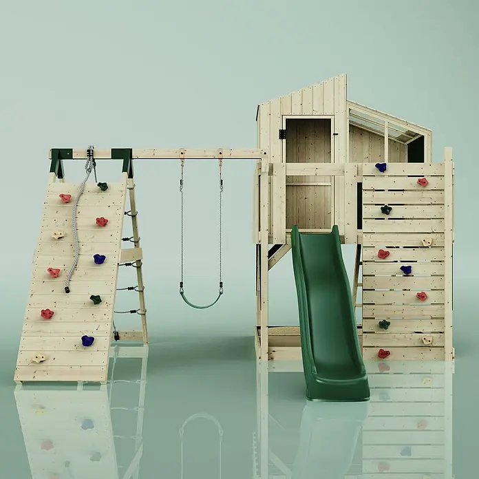 OutdoorToys Klettergerüst Julie - 399 x 414 x 291 cm, Holz, Grün - Kinderspielturm aus Holz mit Kletterwand, bunten Griffen, Strickleiter, Schaukel, Spielhaus und grüner Rutsche.