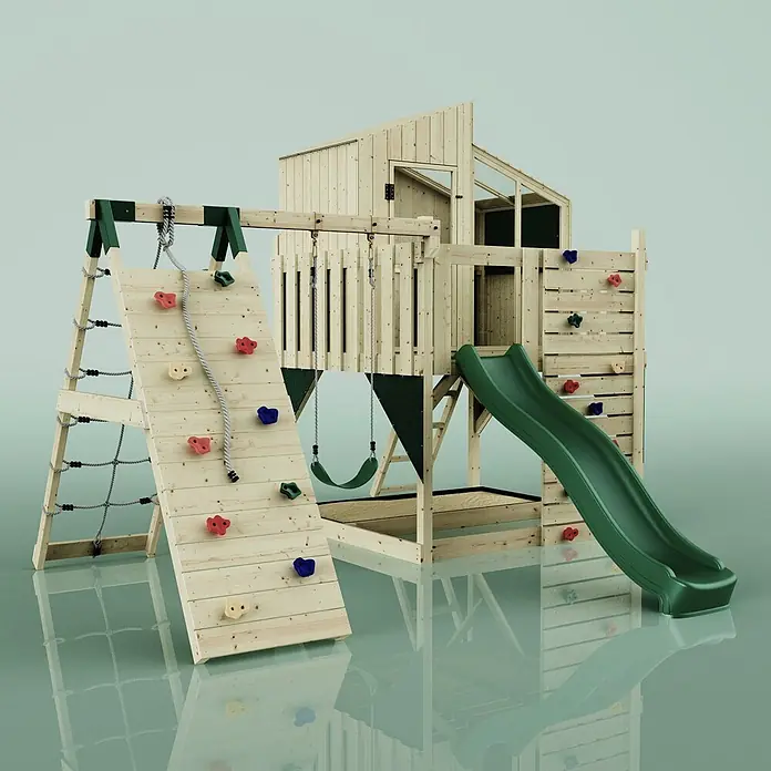 OutdoorToys Klettergerüst Julie - 399 x 414 x 291 cm, Holz, Grün - Hölzerner Outdoor-Spielplatz mit Spielhaus, grüner Rutsche, Kletterwand mit bunten Griffen und Seilleiter. Inklusive Schaukel.