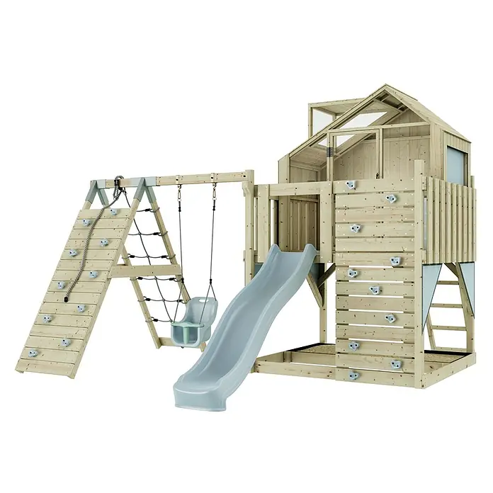 OutdoorToys Klettergerüst Anika - 399 x 414 x 291 cm, Holz, Blau - Hölzerner Kinderspielplatz mit Kletterwand, Strickleiter, Schaukel, Rutsche und Spielhaus in Naturholz und Hellgrau.