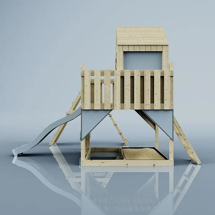 OutdoorToys Klettergerüst Anika - 399 x 414 x 291 cm, Holz, Blau - Helles Holz-Spielhaus mit grauer Rutsche und integriertem Sandkasten.