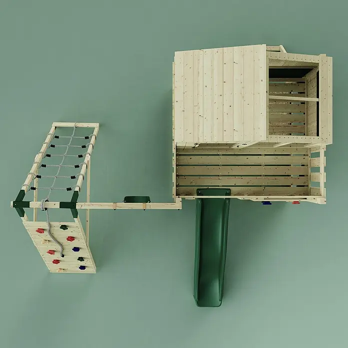 OutdoorToys Klettergerüst Julie - 399 x 414 x 291 cm, Holz, Grün - Kinder-Spielturm aus Holz mit Kletternetz, Kletterwand, Turm und grüner Rutsche.