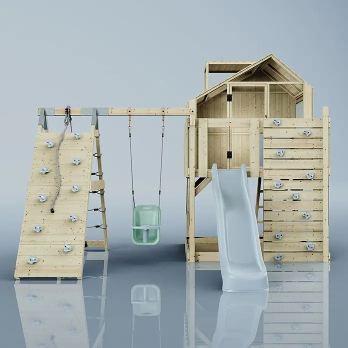 OutdoorToys Klettergerüst Anika - 399 x 414 x 291 cm, Holz, Blau - Hölzernes Outdoor-Spielset mit Kletterwand, Seil, grüner Schaukel, hellgrauer Rutsche und einem mehrstöckigen Spielhaus.
