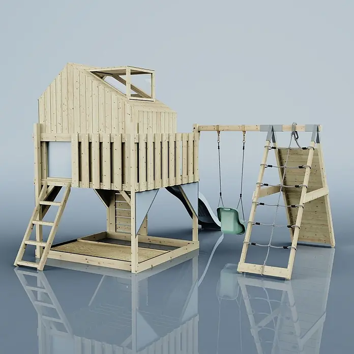 OutdoorToys Klettergerüst Anika - 399 x 414 x 291 cm, Holz, Blau - Hölzernes Outdoor-Spielset mit Spielhaus, Rutsche, grüner Schaukel und Kletternetz.