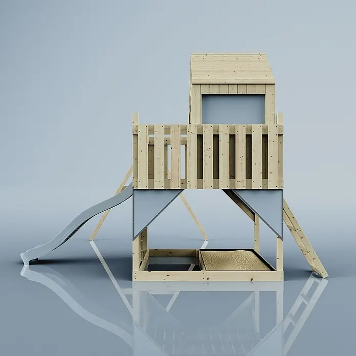 OutdoorToys Klettergerüst Lasse - 399 x 414 x 291 cm, Holz, Blau - Hölzernes Spielset mit Rutsche, erhöhtem Spielhaus und Sandkasten darunter.