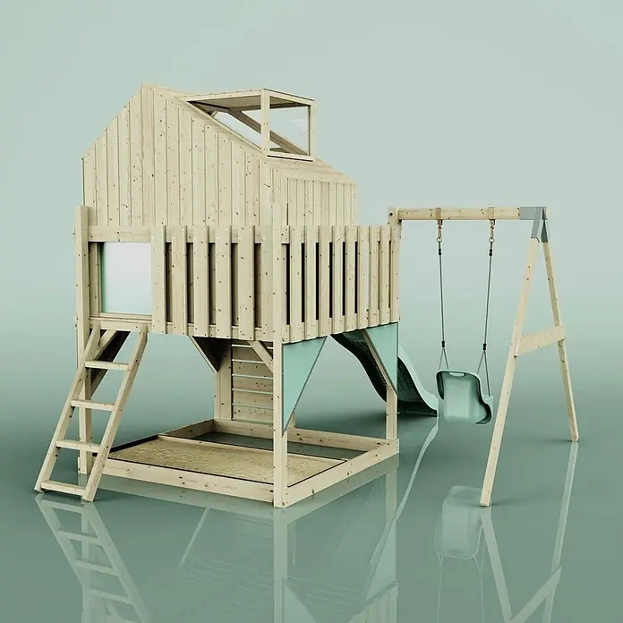 OutdoorToys Klettergerüst Madita - 308 x 414 x 291 cm, Holz, Grün - Hölzernes Kinderspielset mit Spielhaus, Rutsche, Leiter, Schaukel und Sandkasten, in hellem Holz und Türkis.