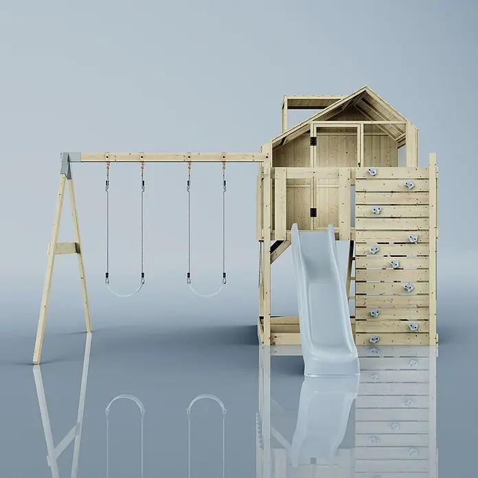 OutdoorToys Klettergerüst Lasse - 399 x 414 x 291 cm, Holz, Blau - Spielplatz aus Naturholz mit zwei Schaukeln mit grauen Sitzen, einer grauen Rutsche und einer Kletterwand.