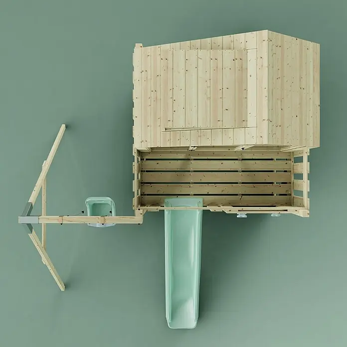 OutdoorToys Klettergerüst Madita - 308 x 414 x 291 cm, Holz, Grün - Blick von oben auf ein Spielhaus aus Naturholz mit einer mintgrünen Rutsche und seitlicher Leiterplattform.