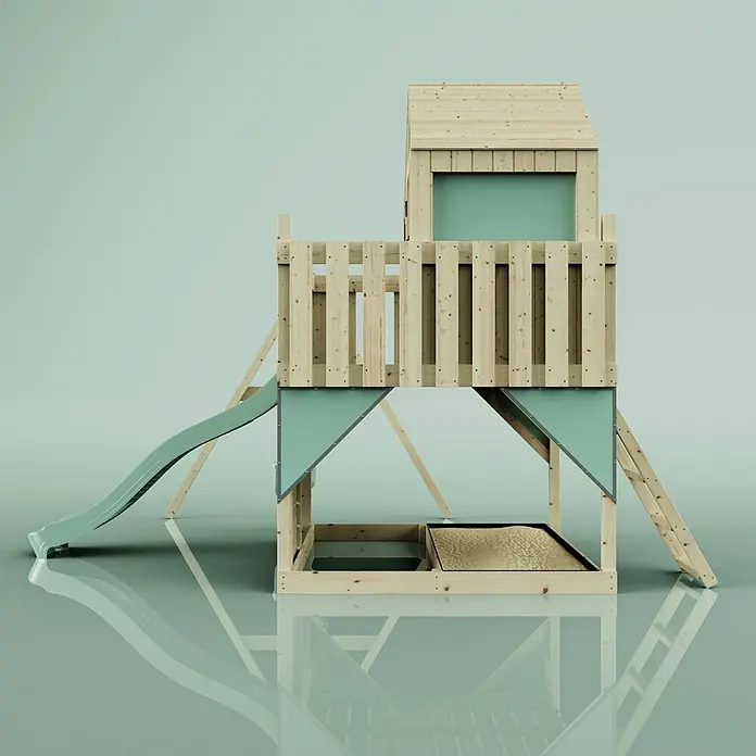 OutdoorToys Klettergerüst Madita - 308 x 414 x 291 cm, Holz, Grün - Spielturm aus Holz mit grüner Rutsche und Sandkasten.