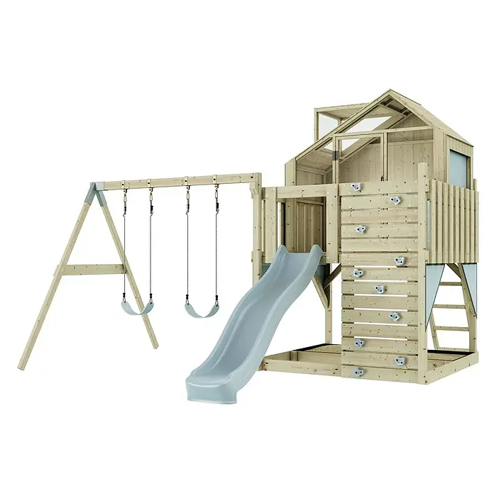 OutdoorToys Klettergerüst Lasse - 399 x 414 x 291 cm, Holz, Blau - Holzspielturm mit Haus, Rutsche, Kletterwand und zwei Schaukeln.