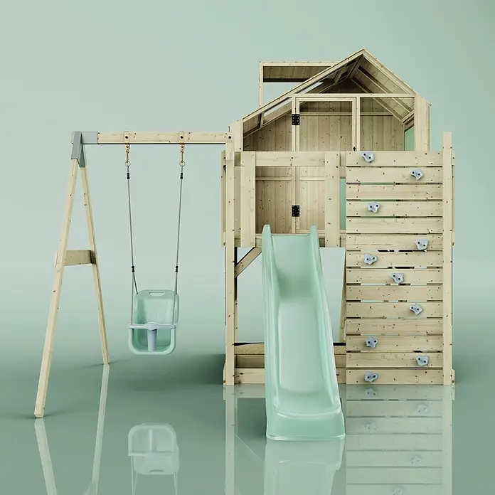 OutdoorToys Klettergerüst Madita - 308 x 414 x 291 cm, Holz, Grün - Hölzernes Spielgerät mit hellgrüner Rutsche, Schaukel, Kletterwand und Spielhaus.