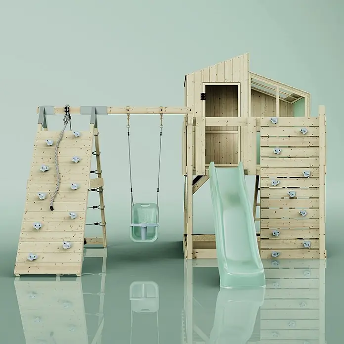 OutdoorToys Klettergerüst Julie - 399 x 414 x 291 cm, Holz, Grün - Hölzernes Kinderspielset mit Kletterwänden, Schaukel, Rutsche und Spielhaus, mit Naturholz und hellgrünen Kunststoffkomponenten.
