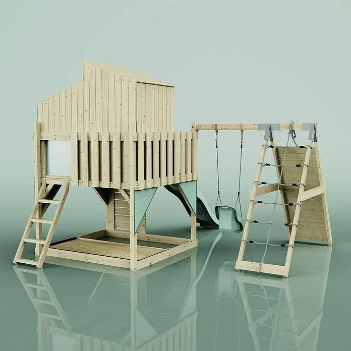 OutdoorToys Klettergerüst Julie - 399 x 414 x 291 cm, Holz, Grün - Spielturm aus Holz mit Häuschen, Rutsche, Schaukel, Kletternetz und Sandkasten. Mit Naturholz und grünen Akzenten.