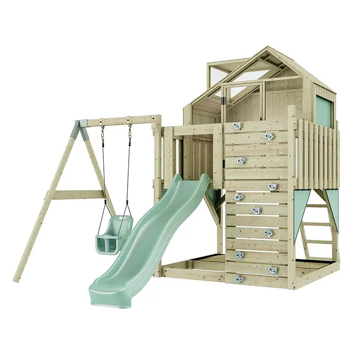OutdoorToys Klettergerüst Madita - 308 x 414 x 291 cm, Holz, Grün - Hölzernes Outdoor-Spielset mit grüner Rutsche, Schaukel, Kletterwand und Spielhaus mit transparenten Fenstern.