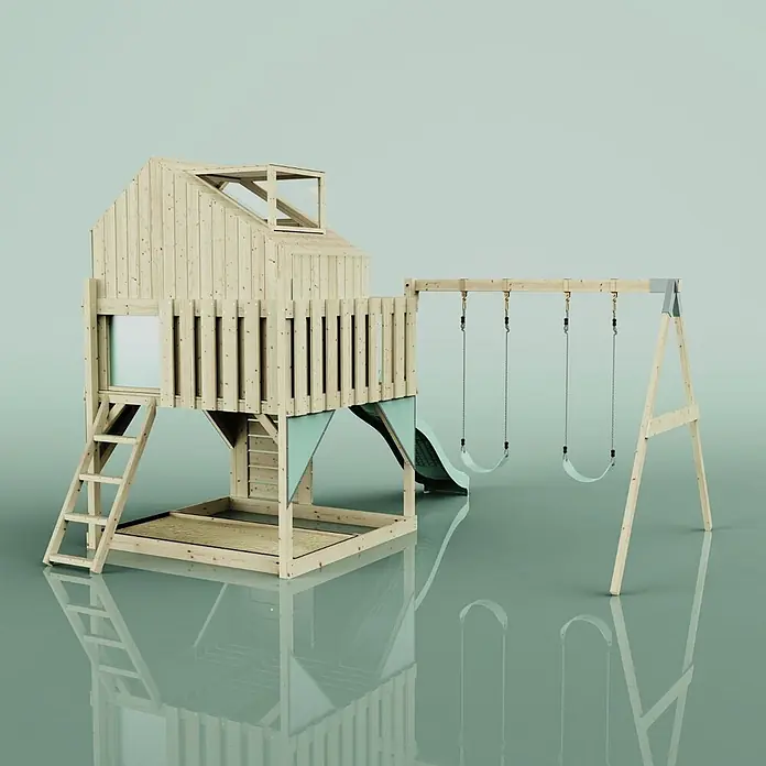 OutdoorToys Klettergerüst Lasse - 399 x 414 x 291 cm, Holz, Grün - Holzspielplatz mit Spielhaus, Rutsche, Sandkasten und Schaukeln mit hellblauen Akzenten.