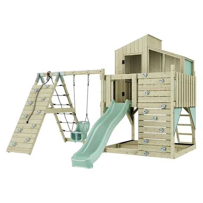 OutdoorToys Klettergerüst Julie - 399 x 414 x 291 cm, Holz, Grün - Spielplatz aus hellem Holz mit grüner Rutsche, Kleinkindschaukel, Kletterwand und Netz. Mit Spielhaus und Kletterelementen.