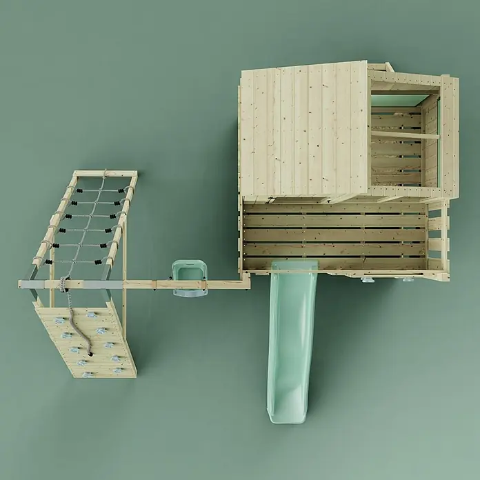 OutdoorToys Klettergerüst Julie - 399 x 414 x 291 cm, Holz, Grün - Hölzernes Kinderspielgerüst mit Kletternetz, Kletterwand, Rutsche und Spielhaus in Naturholz und Hellgrün.