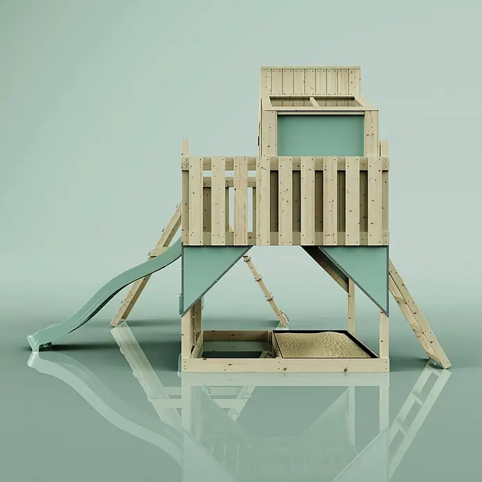 OutdoorToys Klettergerüst Julie - 399 x 414 x 291 cm, Holz, Grün - Holzspielplatz mit Rutsche, Spielhaus und Sandkasten, akzentuiert mit Hellgrün.