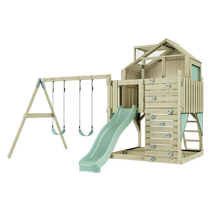OutdoorToys Klettergerüst Lasse - 399 x 414 x 291 cm, Holz, Grün - Hölzernes Spielgerät mit grüner Rutsche, zwei Schaukeln und Kletterwand zu einem Spielhaus.