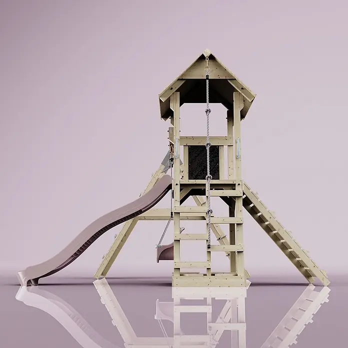 OutdoorToys Klettergerüst Trondheim - 293 x 357 x 273 cm, Holz, Rosa - Hölzerner Spielturm mit Rutsche, Kletterseil, Leiter und kleiner Schaukel.