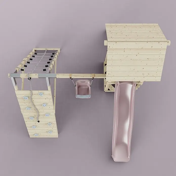 OutdoorToys Klettergerüst Trondheim - 293 x 357 x 273 cm, Holz, Rosa - Hölzernes Kinderspielgerüst mit rosa Rutsche, Kletterwand, Seilnetz, Spielhaus und rosa Schaukel.