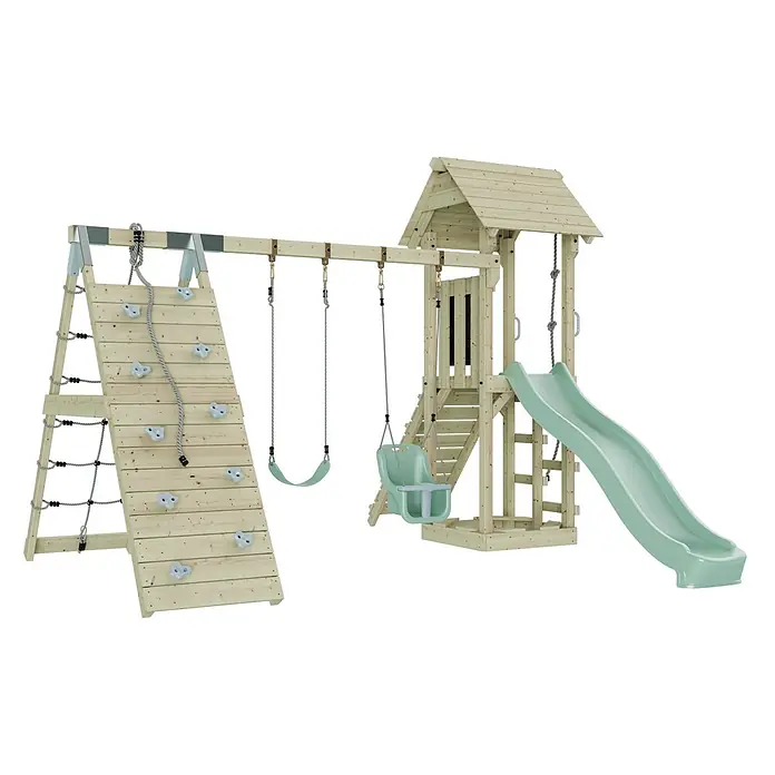 OutdoorToys Klettergerüst Kiruna - Holz, Grün - Hölzerner Spielturm mit Kletterwand, Strickleiter, Schaukeln, Rutsche und Turm. Aus Naturholz mit hellgrünen Elementen.