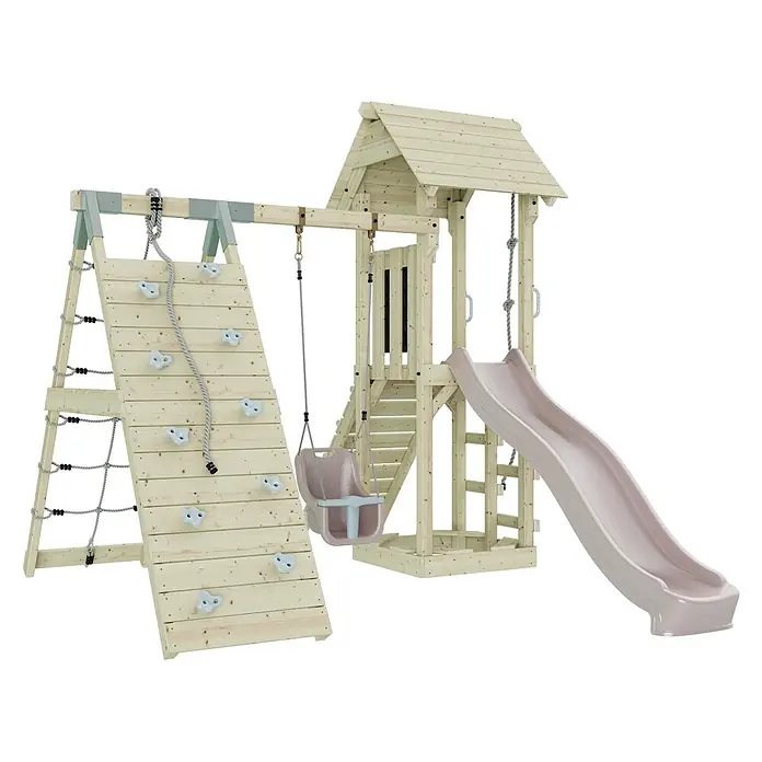 OutdoorToys Klettergerüst Trondheim - 293 x 357 x 273 cm, Holz, Rosa - Spielplatz aus hellem Holz mit Turm, rosa Rutsche, Babyschaukel, Kletterwand mit Griffen und Seilnetz.