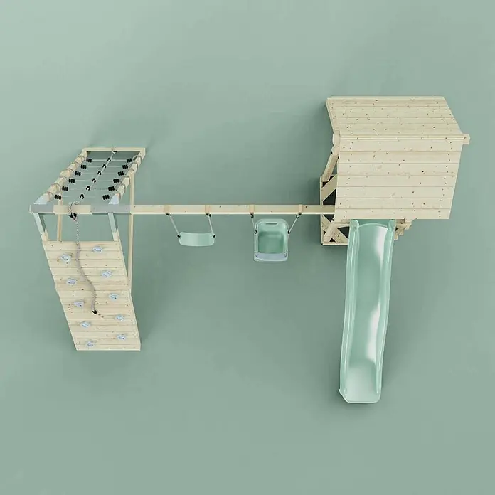 OutdoorToys Klettergerüst Kiruna - Holz, Grün - Hölzernes Spielturm mit Kletterwand, Seilnetz, zwei hellgrünen Schaukeln, Spielhaus und Rutsche.