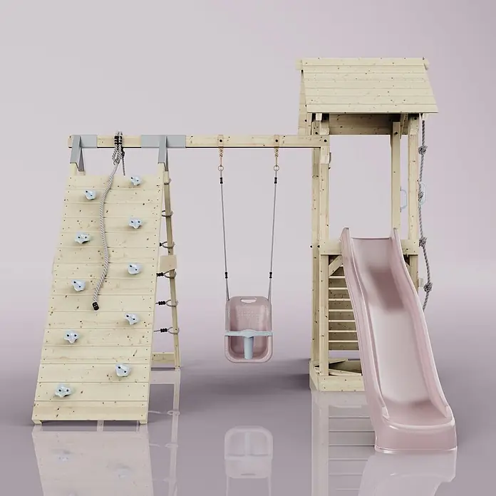 OutdoorToys Klettergerüst Trondheim - 293 x 357 x 273 cm, Holz, Rosa - Holzspielplatz für Kinder mit Kletterwand, hellblauen Griffen, rosa Babyschaukel, Turm und rosa Rutsche.