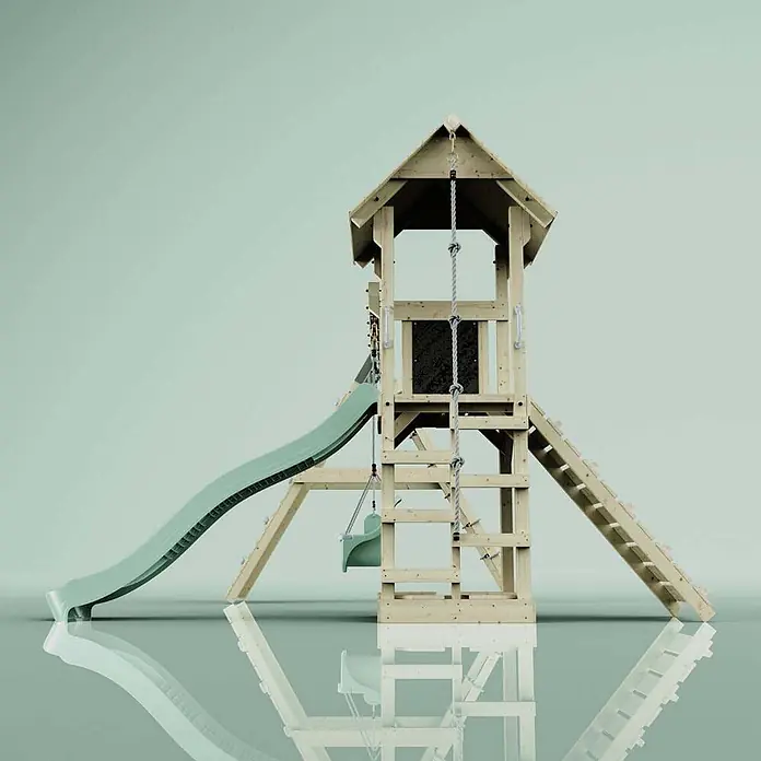 OutdoorToys Klettergerüst Kiruna - Holz, Grün - Kinderspielturm aus Naturholz mit grüner Rutsche, Strickleiter und Schaukel.