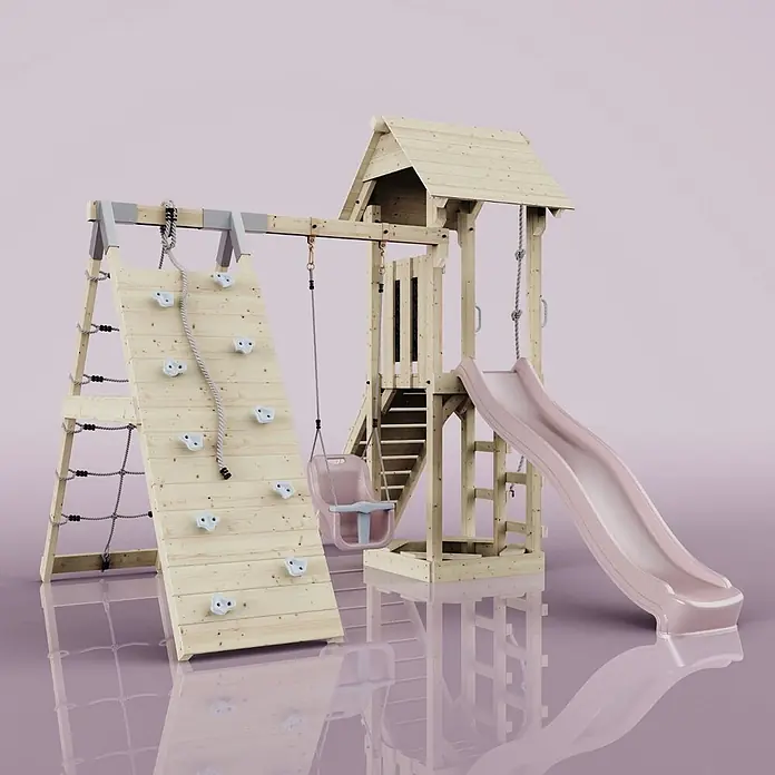 OutdoorToys Klettergerüst Trondheim - 293 x 357 x 273 cm, Holz, Rosa - Hölzernes Kinderspielgerät mit Kletterwand, rosa Schaukel, Turm und rosa Rutsche.