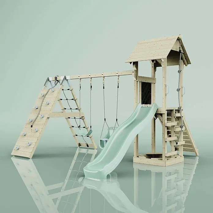 OutdoorToys Klettergerüst Kiruna - Holz, Grün - Spielplatz aus Holz mit hellgrüner Rutsche, Kletterwand, Strickleiter und Schaukeln.