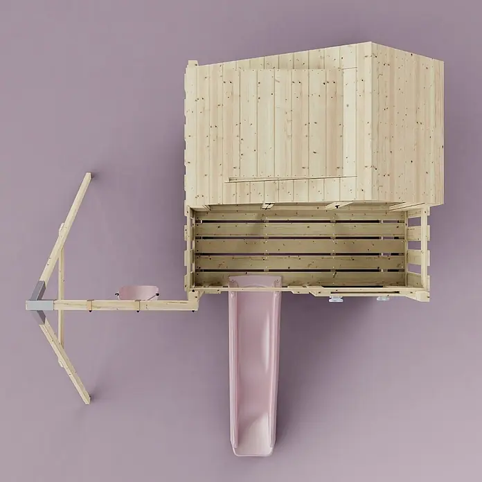 OutdoorToys Klettergerüst Madita - 308 x 414 x 291 cm, Holz, Rosa - Hölzernes Kinderspielhaus mit hellrosa Rutsche und Sitz.