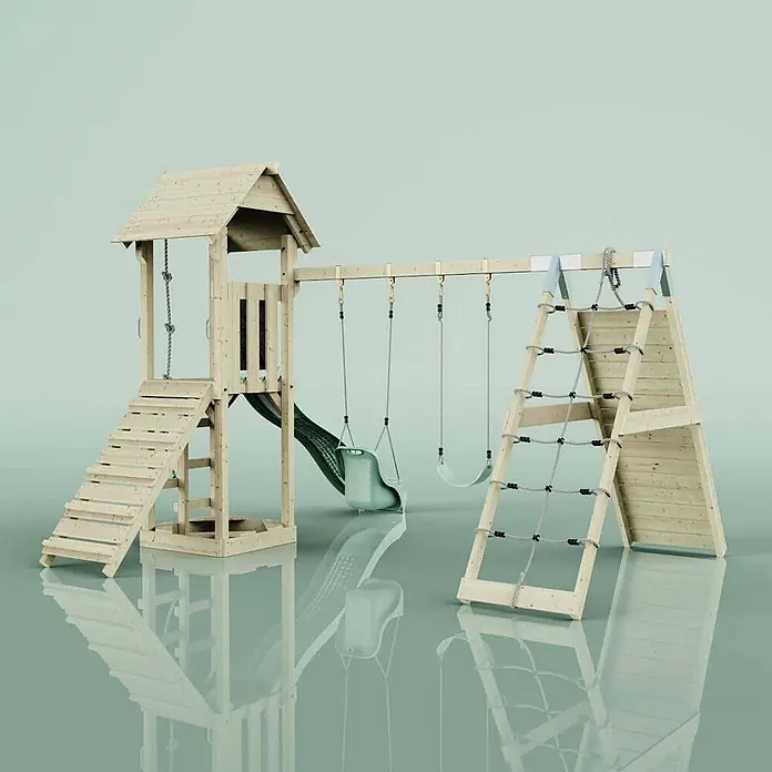 OutdoorToys Klettergerüst Kiruna - Holz, Grün - Holzspielplatz für den Garten mit Turm, Rutsche, zwei Schaukeln und Kletternetz für Kinder.