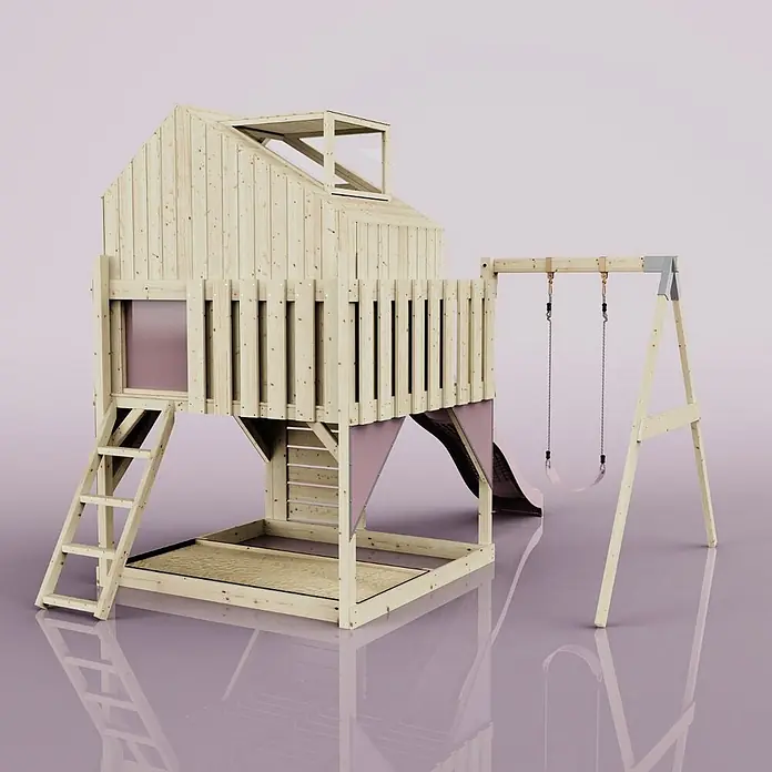 OutdoorToys Klettergerüst Madita - 308 x 414 x 291 cm, Holz, Rosa - Hölzernes Kinderspielhaus mit Dachfenster, hellrosa Rutsche, Schaukeln und Sandkastenbasis.