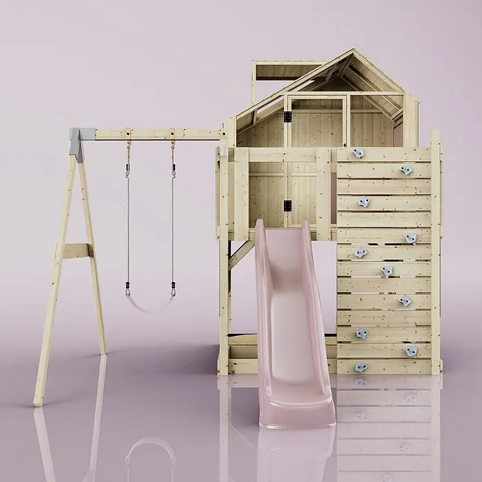 OutdoorToys Klettergerüst Madita - 308 x 414 x 291 cm, Holz, Rosa - Hölzernes Kinderspielhaus mit rosa Rutsche, Schaukel und Kletterwand.