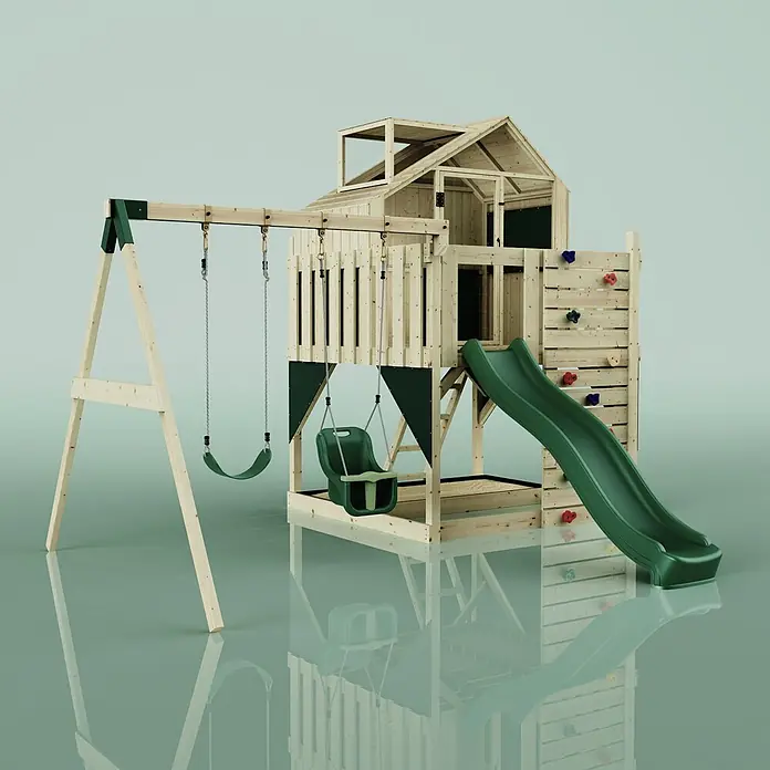 OutdoorToys Klettergerüst Lasse - 399 x 414 x 291 cm, Holz, Grün - Hölzerner Spielturm mit grüner Rutsche, zwei Schaukeln und einer Kletterwand mit bunten Griffen.