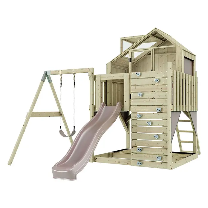 OutdoorToys Klettergerüst Madita - 308 x 414 x 291 cm, Holz, Rosa - Holzspielplatz mit Schaukel, rosa Rutsche, Kletterwand und erhöhtem Spielhaus.