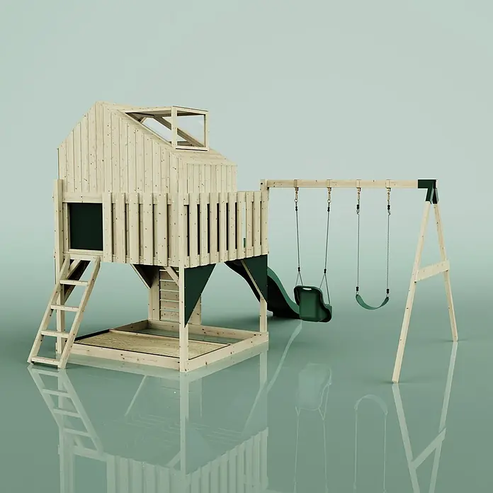 OutdoorToys Klettergerüst Lasse - 399 x 414 x 291 cm, Holz, Grün - Holzspielplatz mit Spielhaus, Rutsche, zwei Schaukeln und Sandkasten. Naturholz mit dunkelgrünen Akzenten.