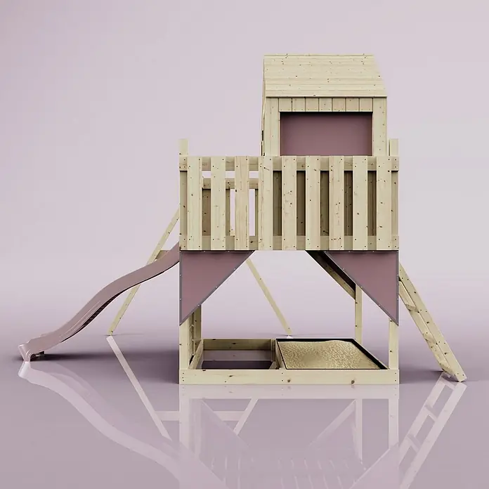 OutdoorToys Klettergerüst Madita - 308 x 414 x 291 cm, Holz, Rosa - Hölzernes Kinderspielhaus mit hellrosa Rutsche, integriertem Sandkasten und Geländern sowie Dach aus Naturholz.