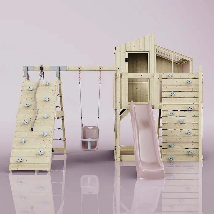 OutdoorToys Klettergerüst Julie - 399 x 414 x 291 cm, Holz, Rosa - Holzspielplatz mit Kletterwand, rosa Rutsche und Schaukel. Mit Spielhaus und hellblauen Klettergriffen.