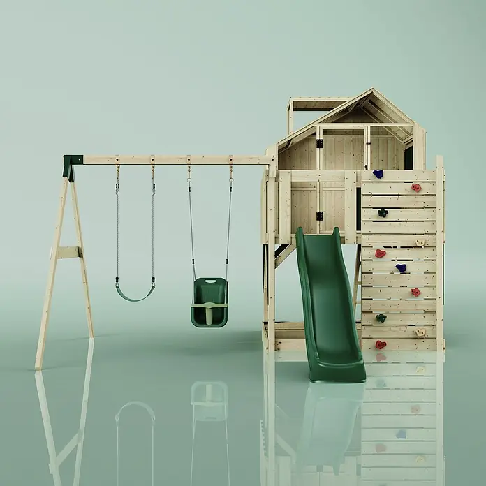 OutdoorToys Klettergerüst Lasse - 399 x 414 x 291 cm, Holz, Grün - Holzspielplatz-Set mit zwei Schaukeln, einer grünen Rutsche, einer Kletterwand und einem Spielhaus.