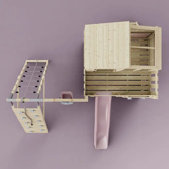 OutdoorToys Klettergerüst Julie - 399 x 414 x 291 cm, Holz, Rosa - Hölzernes Indoor-Spielgerät mit Kletterwand, Strickleiter und pinker Rutsche, von oben gesehen.