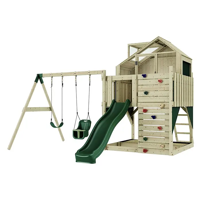 OutdoorToys Klettergerüst Lasse - 399 x 414 x 291 cm, Holz, Grün - Hölzernes Spielhaus mit grüner Rutsche, zwei Schaukeln, Kletterwand und erhöhtem Baumhaus.