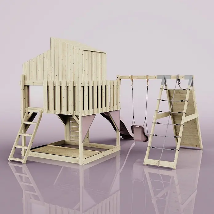 OutdoorToys Klettergerüst Julie - 399 x 414 x 291 cm, Holz, Rosa - Hölzernes Spielset mit Spielhaus, Rutsche, zwei Schaukeln und Kletternetz. Mit Naturholz und hellrosa Akzenten.
