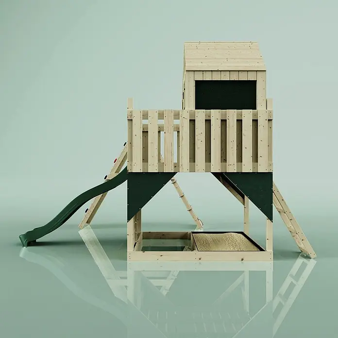 OutdoorToys Klettergerüst Anika - 399 x 414 x 291 cm, Holz, Grün - Hölzerner Spielturm mit grüner Rutsche, Spielhaus oben und integriertem Sandkasten. Mit Kletterwand und Leiter.