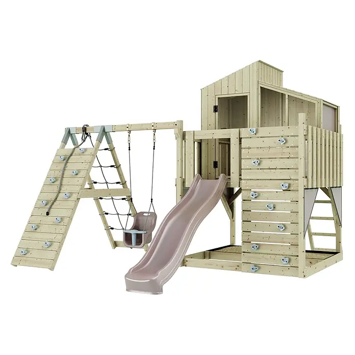 OutdoorToys Klettergerüst Julie - 399 x 414 x 291 cm, Holz, Rosa - Holz-Außenspielplatz mit Spielhaus, Rutsche, Kletterwand, Strickleiter und Kinderschaukel.