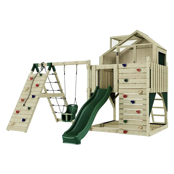 OutdoorToys Klettergerüst Anika - 399 x 414 x 291 cm, Holz, Grün - Hölzernes Outdoor-Spielset mit grüner Rutsche, Babyschaukel, Kletterwand mit Seil und Netz, inklusive Spielhaus.